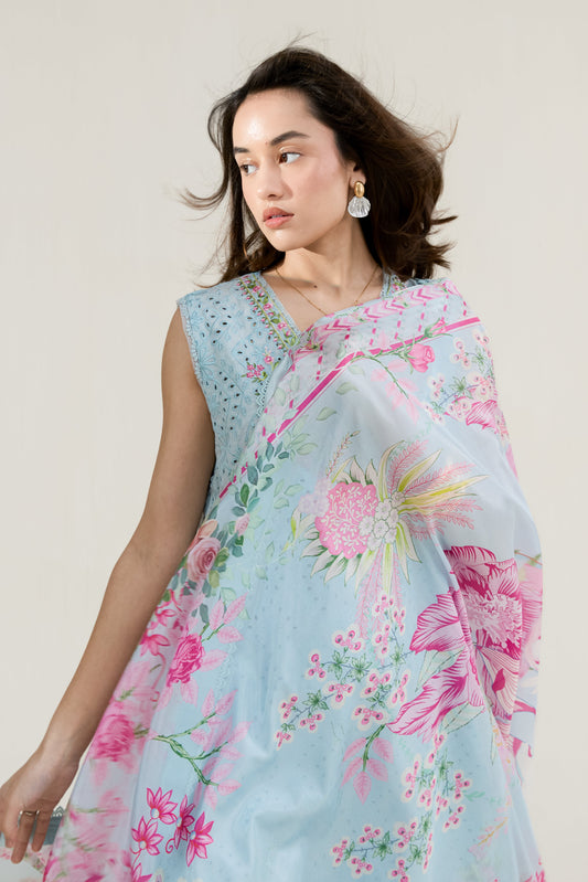 Ice Blue Embroidered Lawn Short Shirt - Zaib | RAMADAN 2026 READY TO WEAR | NPA3-26404 - Luxury Dress - available at Maria Faisal in UK and USA.