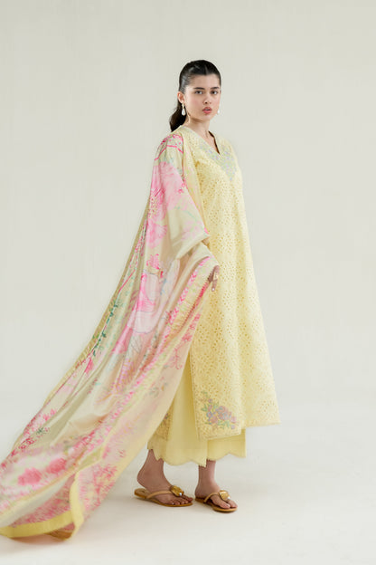 Butter Yellow Embroidered Lawn Long Shirt - Zaib | RAMADAN 2026 READY TO WEAR | NPA3-26403 - Luxury Dress - available at Maria Faisal in UK and USA.