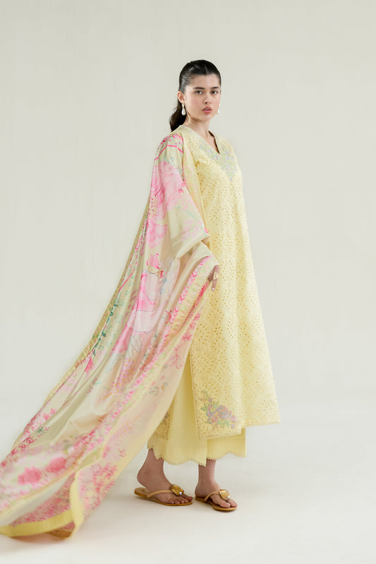 Butter Yellow Embroidered Lawn Long Shirt - Zaib | RAMADAN 2026 READY TO WEAR | NPA3-26403 - Luxury Dress - available at Maria Faisal in UK and USA.