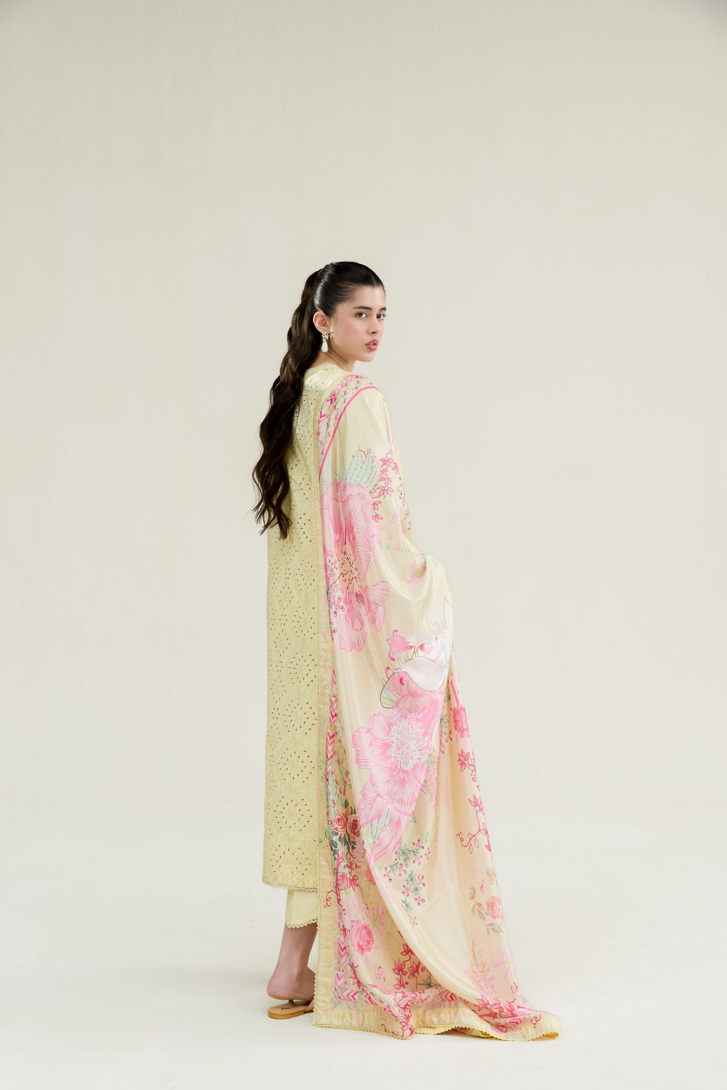 Butter Yellow Embroidered Lawn Long Shirt - Zaib | RAMADAN 2026 READY TO WEAR | NPA3-26403 - Luxury Dress - available at Maria Faisal in UK and USA.