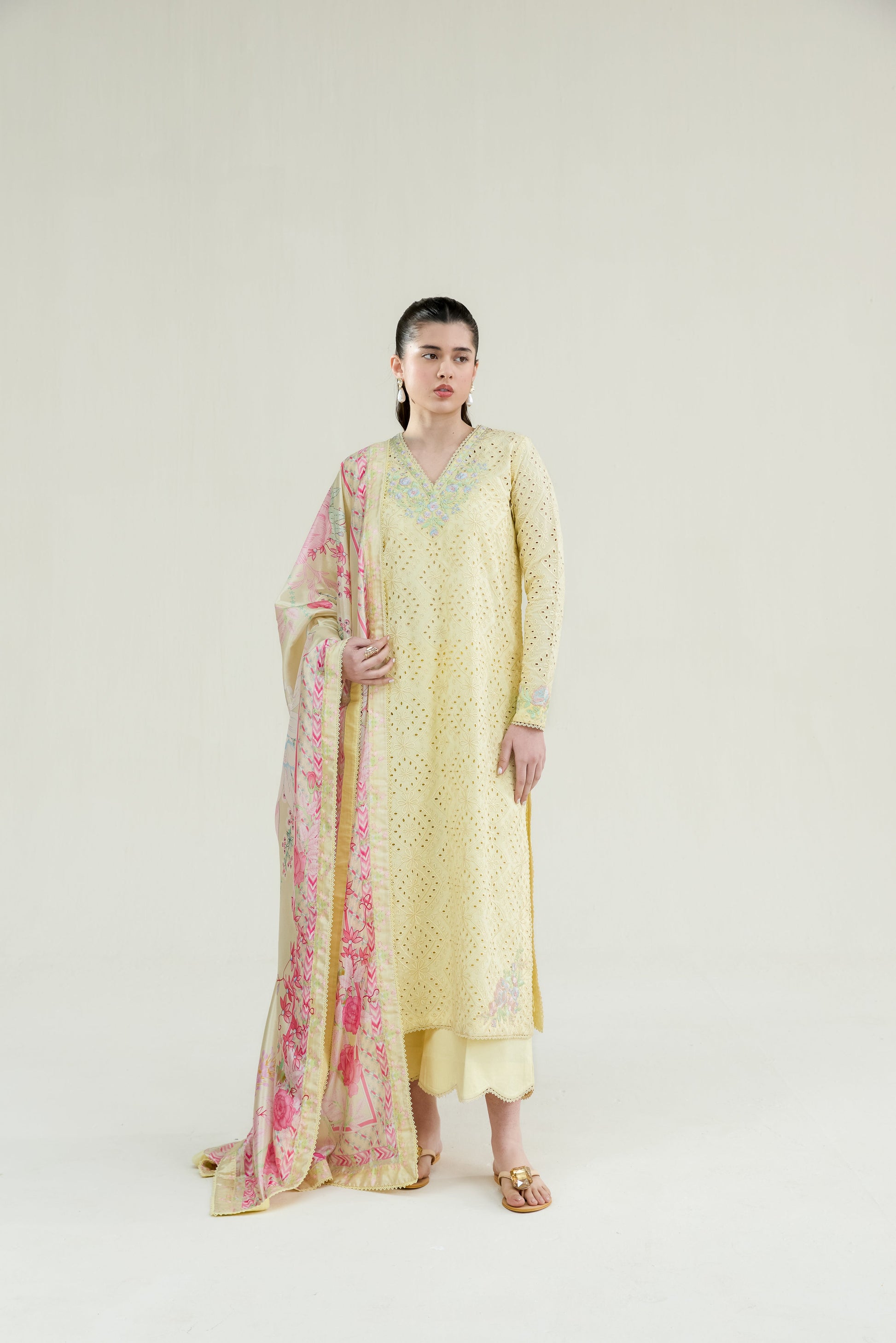 Butter Yellow Embroidered Lawn Long Shirt - Zaib | RAMADAN 2026 READY TO WEAR | NPA3-26403 - Luxury Dress - available at Maria Faisal in UK and USA.