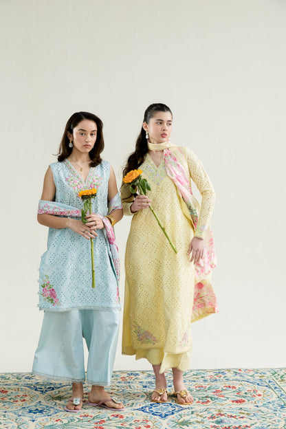 Butter Yellow Embroidered Lawn Long Shirt - Zaib | RAMADAN 2026 READY TO WEAR | NPA3-26403 - Luxury Dress - available at Maria Faisal in UK and USA.