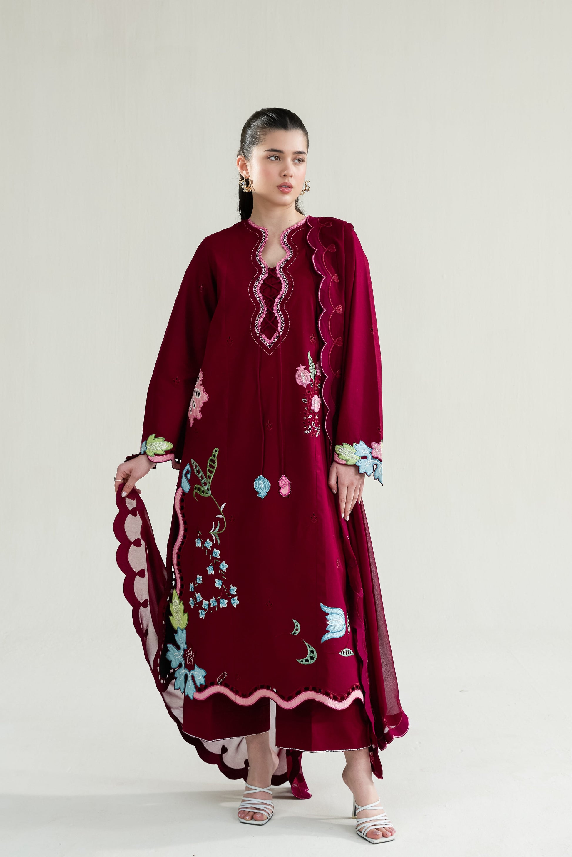 Maroon Embroidered Lawn Long Shirt - Zaib | RAMADAN 2026 READY TO WEAR  | NPA3-26409 - Luxury Dress - available at Maria Faisal in UK and USA.