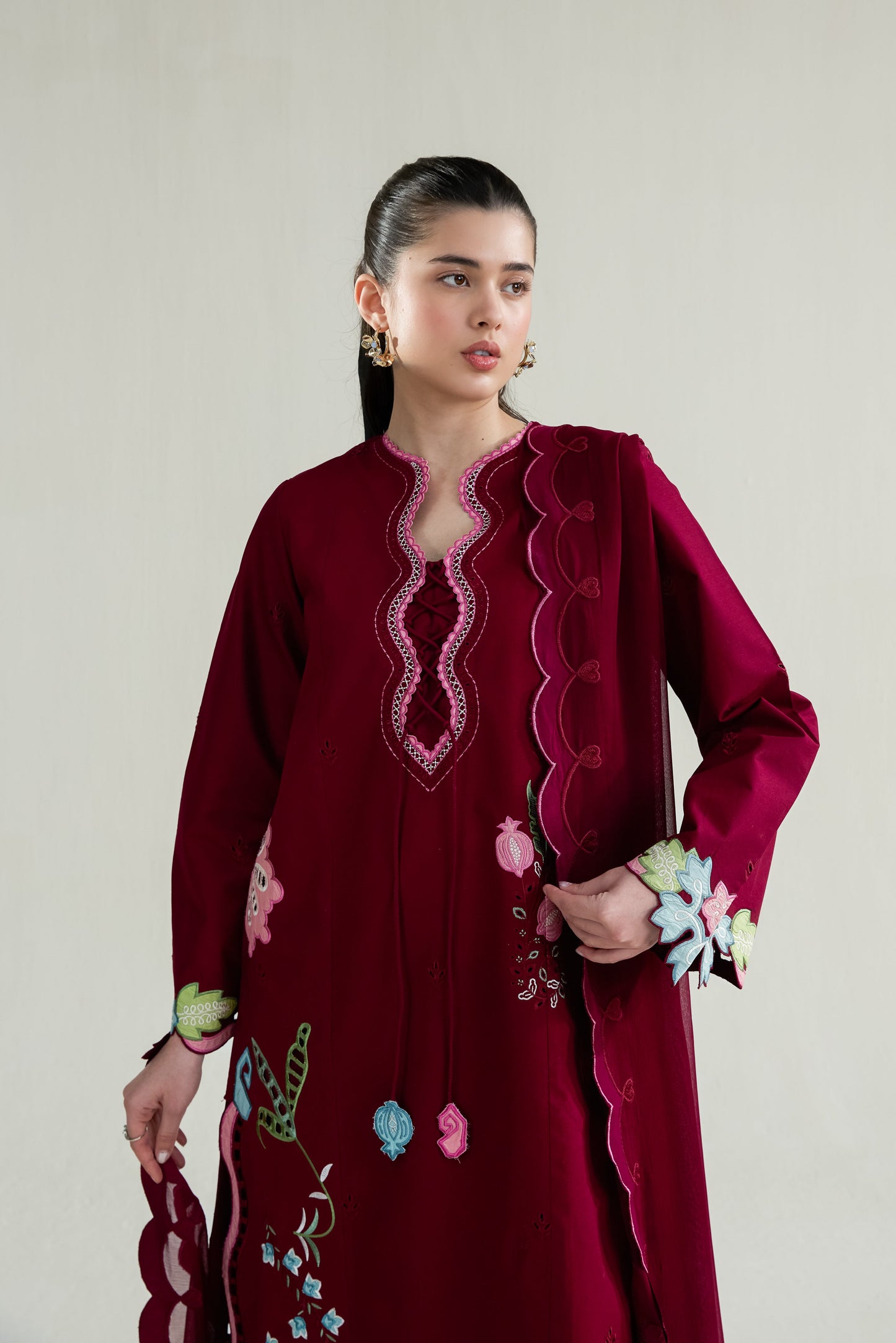 Maroon Embroidered Lawn Long Shirt - Zaib | RAMADAN 2026 READY TO WEAR  | NPA3-26409 - Luxury Dress - available at Maria Faisal in UK and USA.