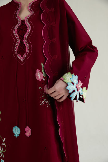 Maroon Embroidered Lawn Long Shirt - Zaib | RAMADAN 2026 READY TO WEAR  | NPA3-26409 - Luxury Dress - available at Maria Faisal in UK and USA.