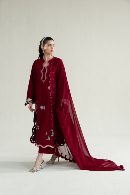 Maroon Embroidered Lawn Long Shirt - Zaib | RAMADAN 2026 READY TO WEAR  | NPA3-26409 - Luxury Dress - available at Maria Faisal in UK and USA.