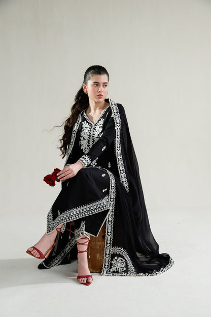 Black Embroidered Lawn Long Shirt - Zaib | RAMADAN 2026 READY TO WEAR | NPA3-26402 - Luxury Dress - available at Maria Faisal in UK and USA.