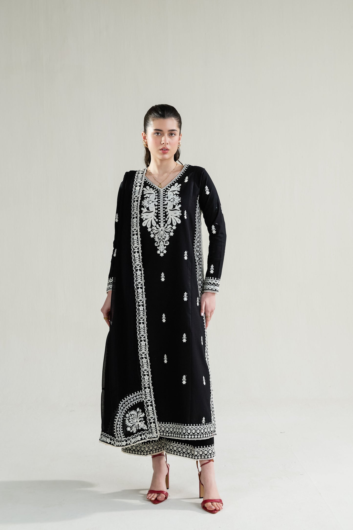 Black Embroidered Lawn Long Shirt - Zaib | RAMADAN 2026 READY TO WEAR | NPA3-26402 - Luxury Dress - available at Maria Faisal in UK and USA.