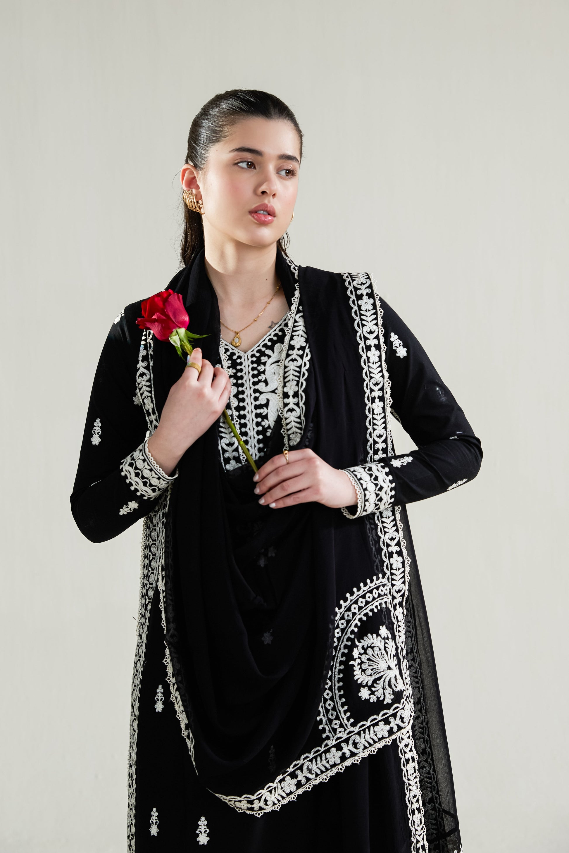 Black Embroidered Lawn Long Shirt - Zaib | RAMADAN 2026 READY TO WEAR | NPA3-26402 - Luxury Dress - available at Maria Faisal in UK and USA.