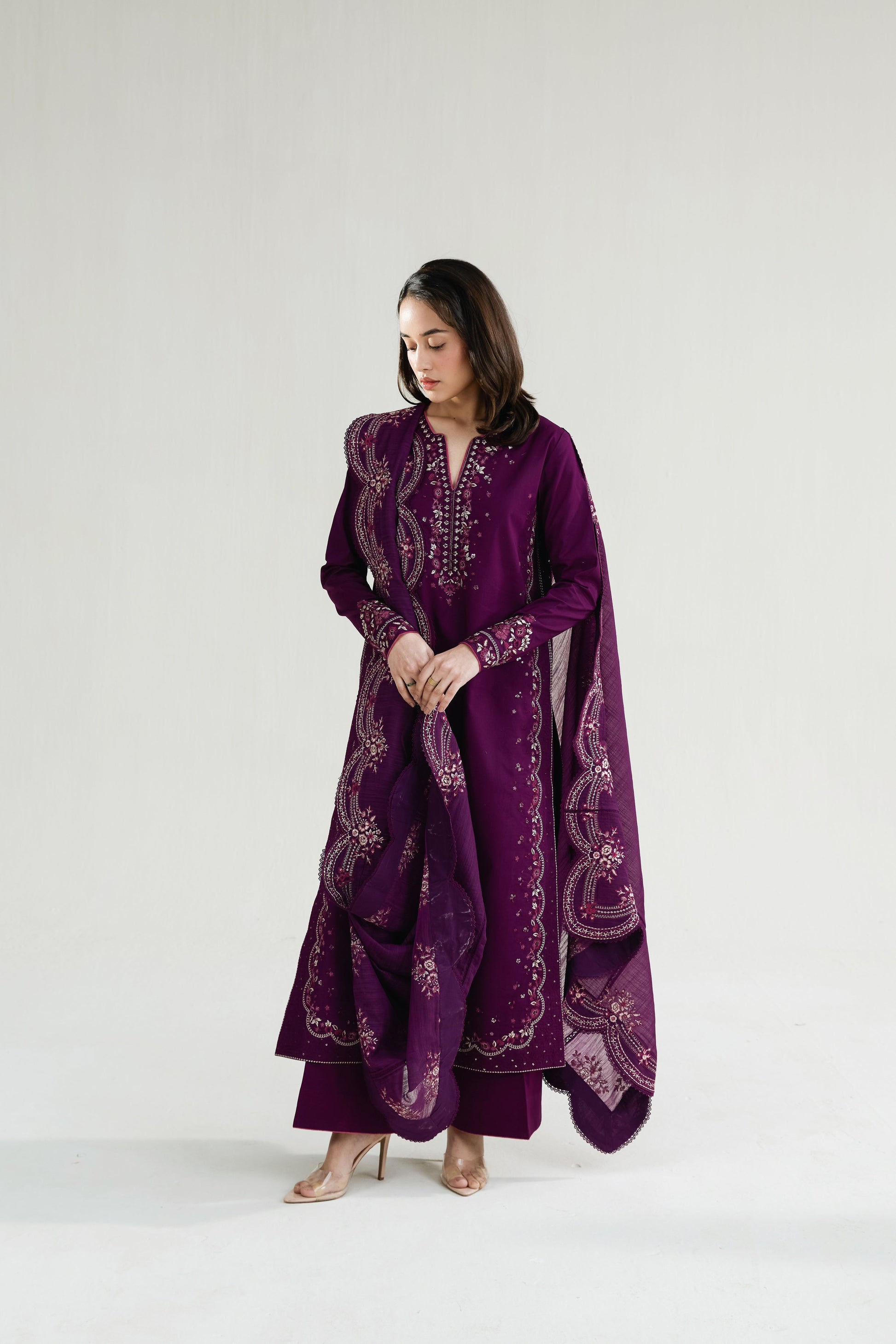 Deep Plum Embroidered Lawn Long Shirt - Zaib | RAMADAN 2026 READY TO WEAR | NPA3-26410 - Luxury Dress - available at Maria Faisal in UK and USA.