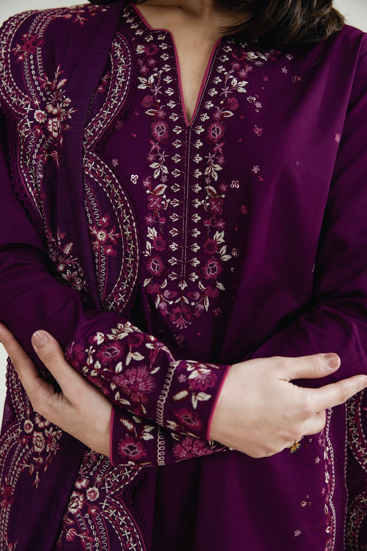 Deep Plum Embroidered Lawn Long Shirt - Zaib | RAMADAN 2026 READY TO WEAR | NPA3-26410 - Luxury Dress - available at Maria Faisal in UK and USA.