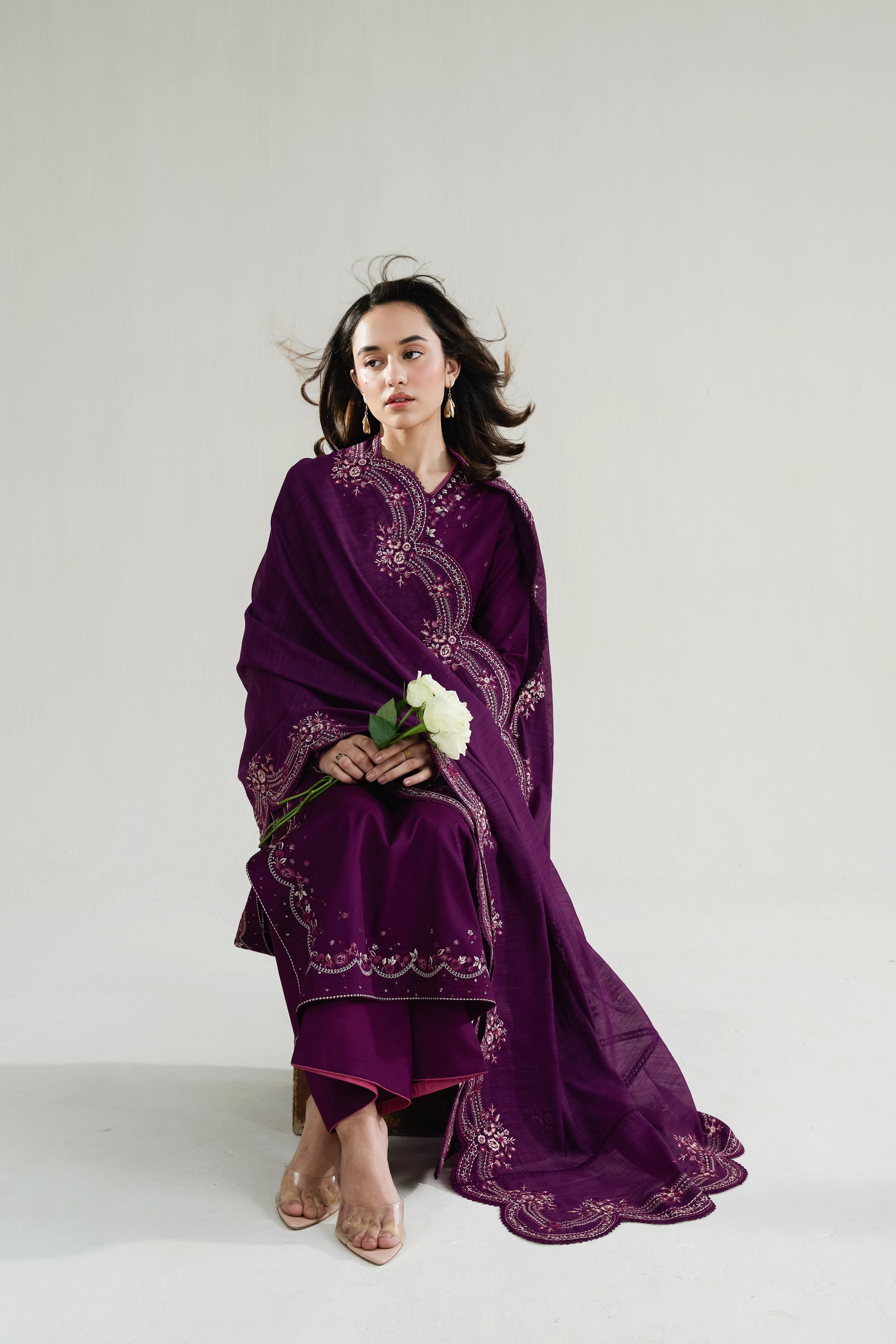 Deep Plum Embroidered Lawn Long Shirt - Zaib | RAMADAN 2026 READY TO WEAR | NPA3-26410 - Luxury Dress - available at Maria Faisal in UK and USA.
