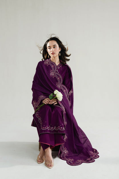 Deep Plum Embroidered Lawn Long Shirt - Zaib | RAMADAN 2026 READY TO WEAR | NPA3-26410 - Luxury Dress - available at Maria Faisal in UK and USA.