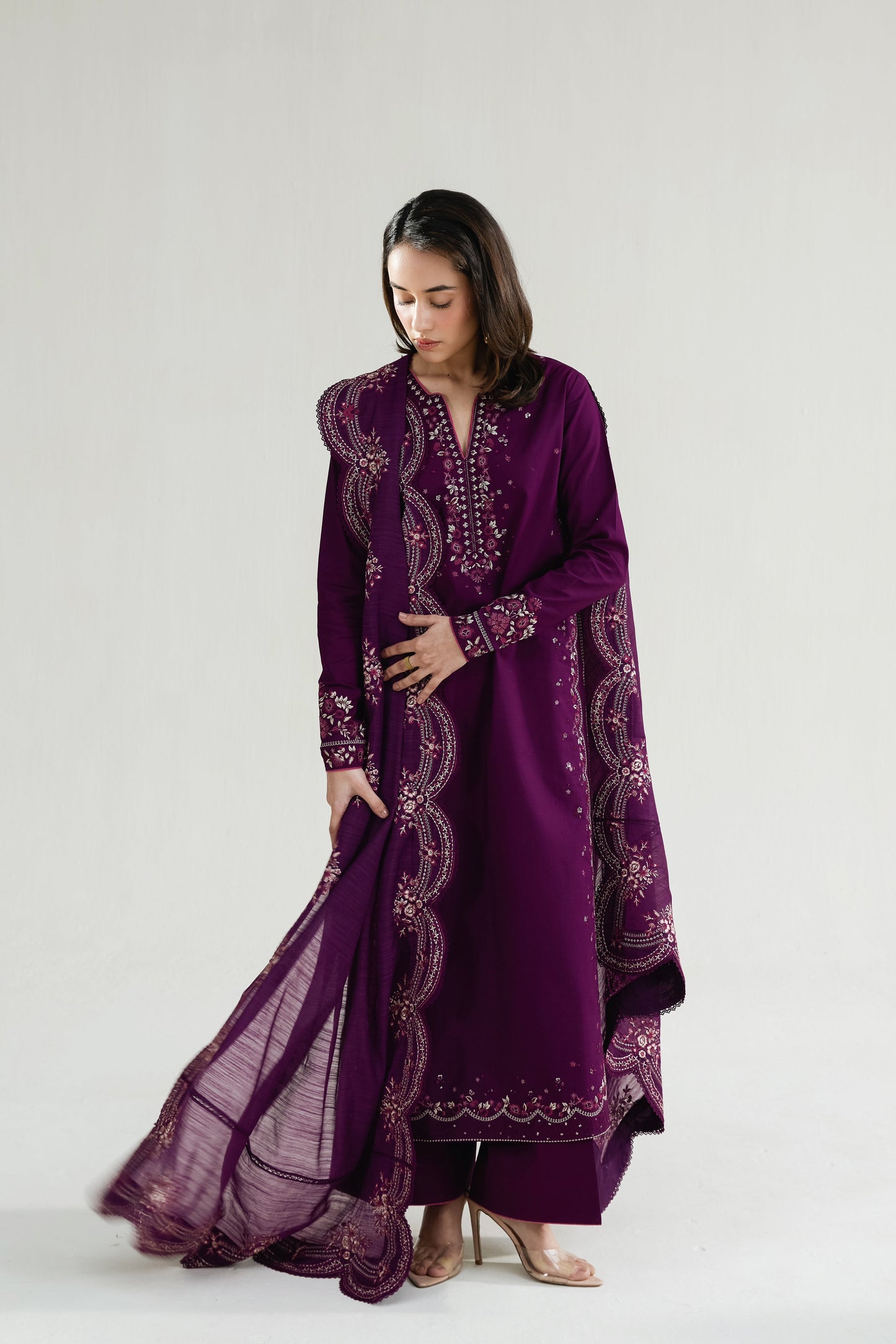 Deep Plum Embroidered Lawn Long Shirt - Zaib | RAMADAN 2026 READY TO WEAR | NPA3-26410 - Luxury Dress - available at Maria Faisal in UK and USA.