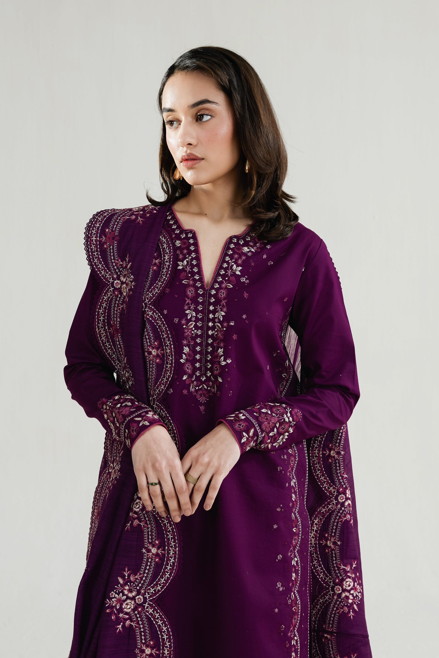 Deep Plum Embroidered Lawn Long Shirt - Zaib | RAMADAN 2026 READY TO WEAR | NPA3-26410 - Luxury Dress - available at Maria Faisal in UK and USA.