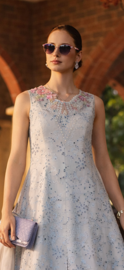 Saadia Asad | Luxuru Eid Schiffli Laserkari 26 | D10 - B - Roselle - Luxury Dress - available at Maria Faisal in UK and USA.