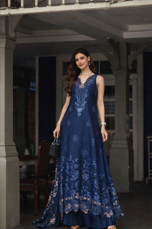 Noor by Saadia Asad | Eid Luxe Chikankari 26 | D11 - Sapphire Blue - Luxury Dress - available at Maria Faisal in UK and USA.