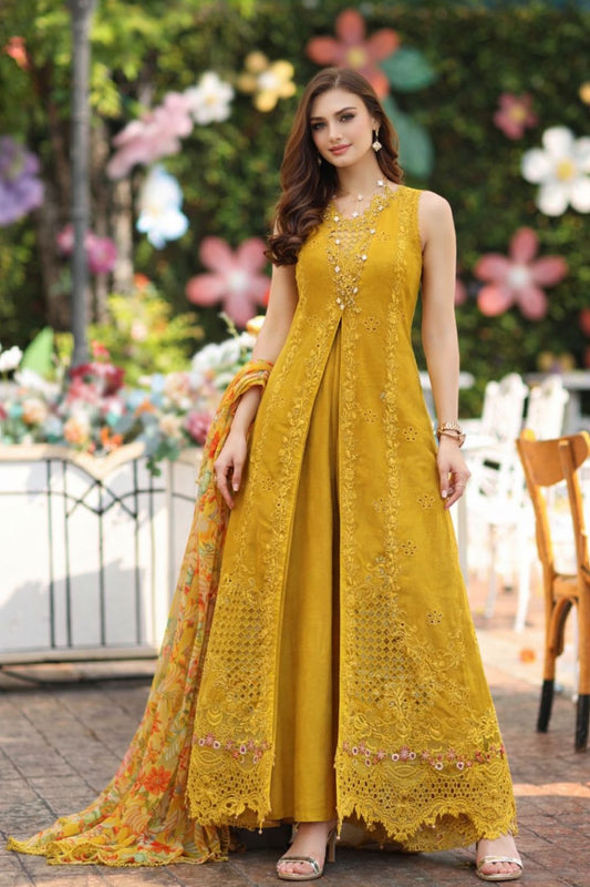 Noor by Saadia Asad | Eid Luxe Chikankari 26 | D10 - Amber Yellow - Luxury Dress - available at Maria Faisal in UK and USA.