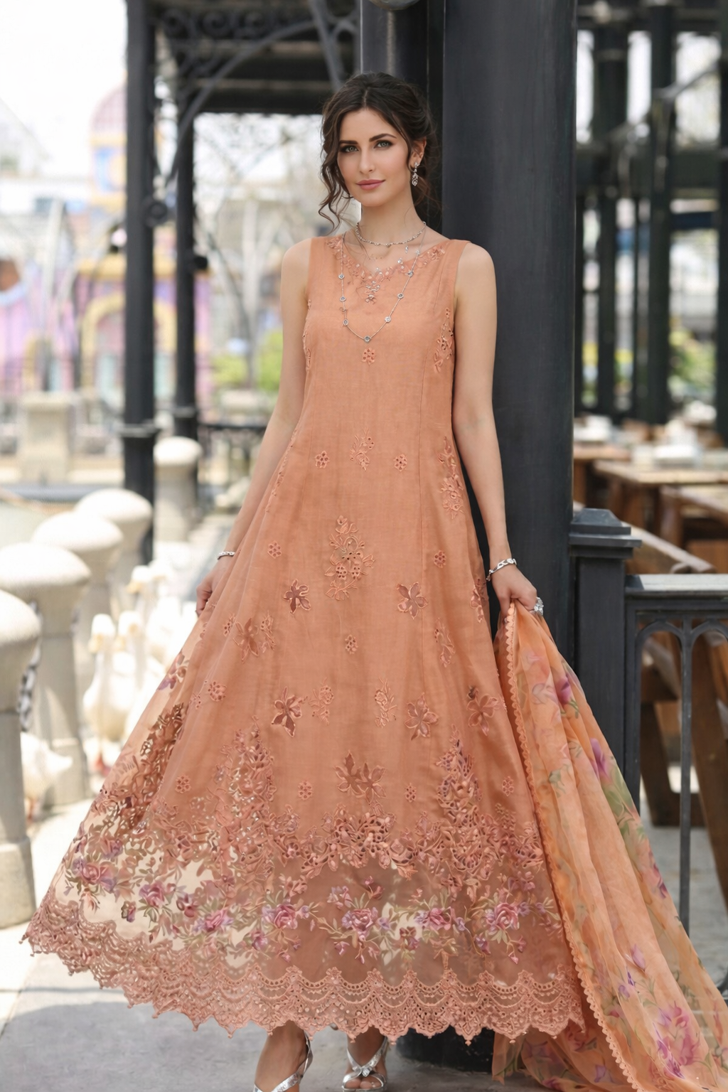 Noor by Saadia Asad | Eid Luxe Chikankari 26 | D6 - Apricot Allure - Luxury Dress - available at Maria Faisal in UK and USA.
