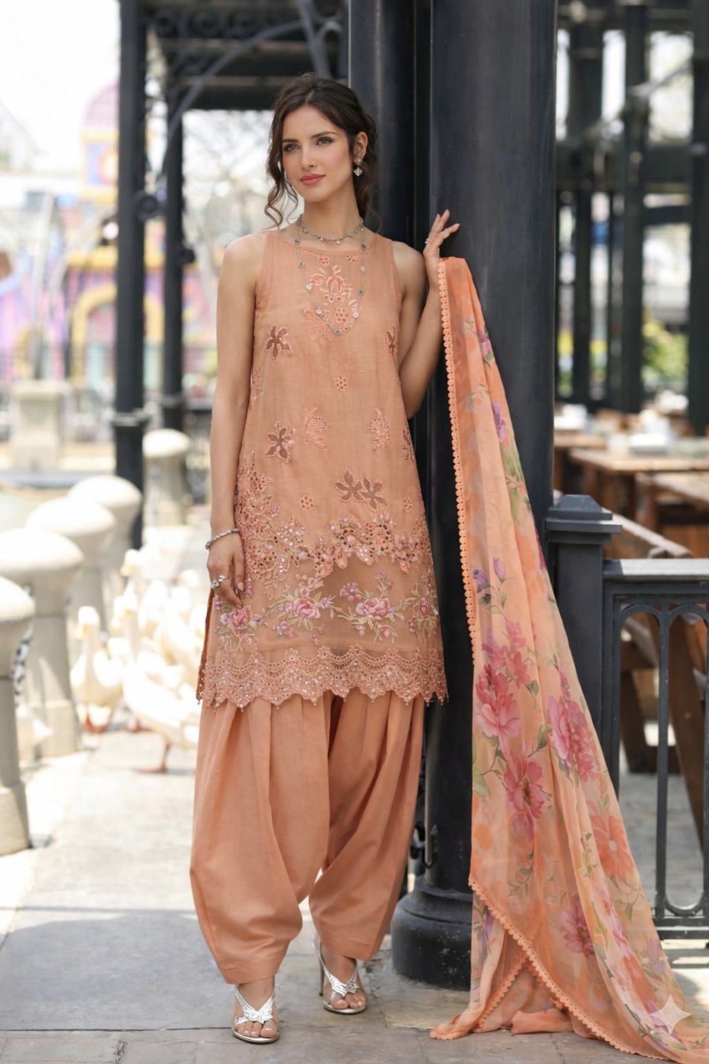 Noor by Saadia Asad | Eid Luxe Chikankari 26 | D6 - Apricot Allure - Luxury Dress - available at Maria Faisal in UK and USA.