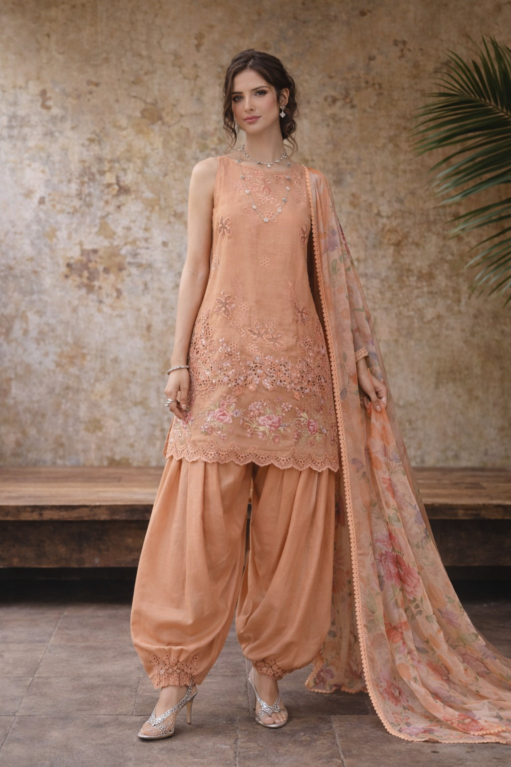 Noor by Saadia Asad | Eid Luxe Chikankari 26 | D6 - Apricot Allure - Luxury Dress - available at Maria Faisal in UK and USA.
