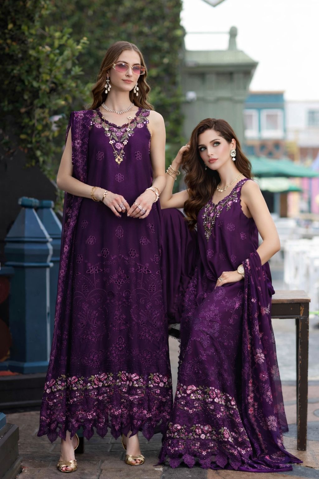 Noor by Saadia Asad | Eid Luxe Chikankari 26 | D7 - Aubergine Bloom - Luxury Dress - available at Maria Faisal in UK and USA.