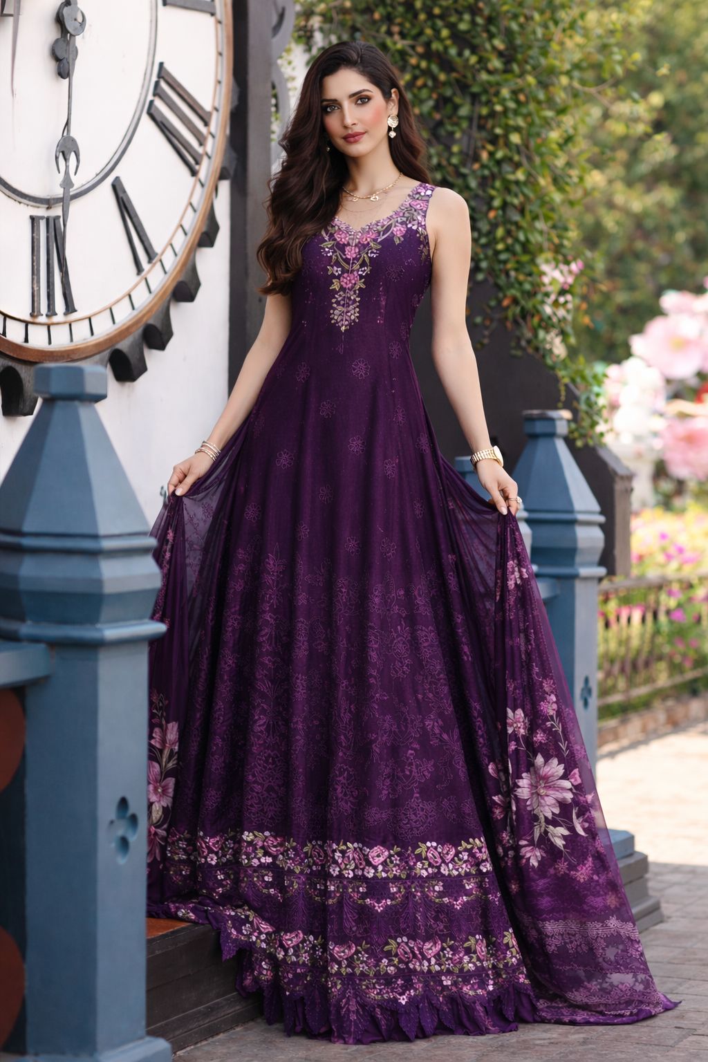 Noor by Saadia Asad | Eid Luxe Chikankari 26 | D7 - Aubergine Bloom - Luxury Dress - available at Maria Faisal in UK and USA.