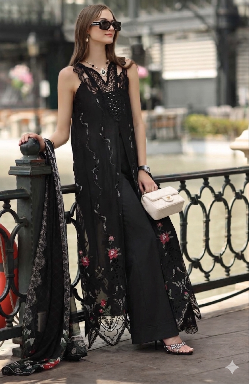 Noor by Saadia Asad | Eid Luxe Chikankari 26 | D5 -Cross stitch Black - Luxury Dress - available at Maria Faisal in UK and USA.