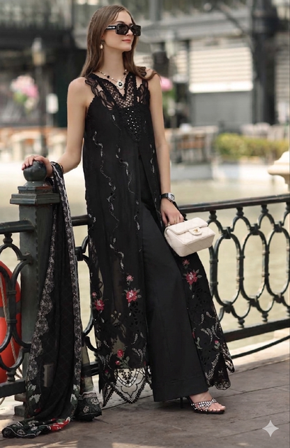 Noor by Saadia Asad | Eid Luxe Chikankari 26 | D5 -Cross stitch Black - Luxury Dress - available at Maria Faisal in UK and USA.