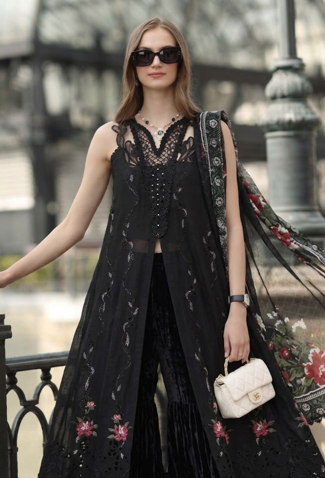 Noor by Saadia Asad | Eid Luxe Chikankari 26 | D5 -Cross stitch Black - Luxury Dress - available at Maria Faisal in UK and USA.