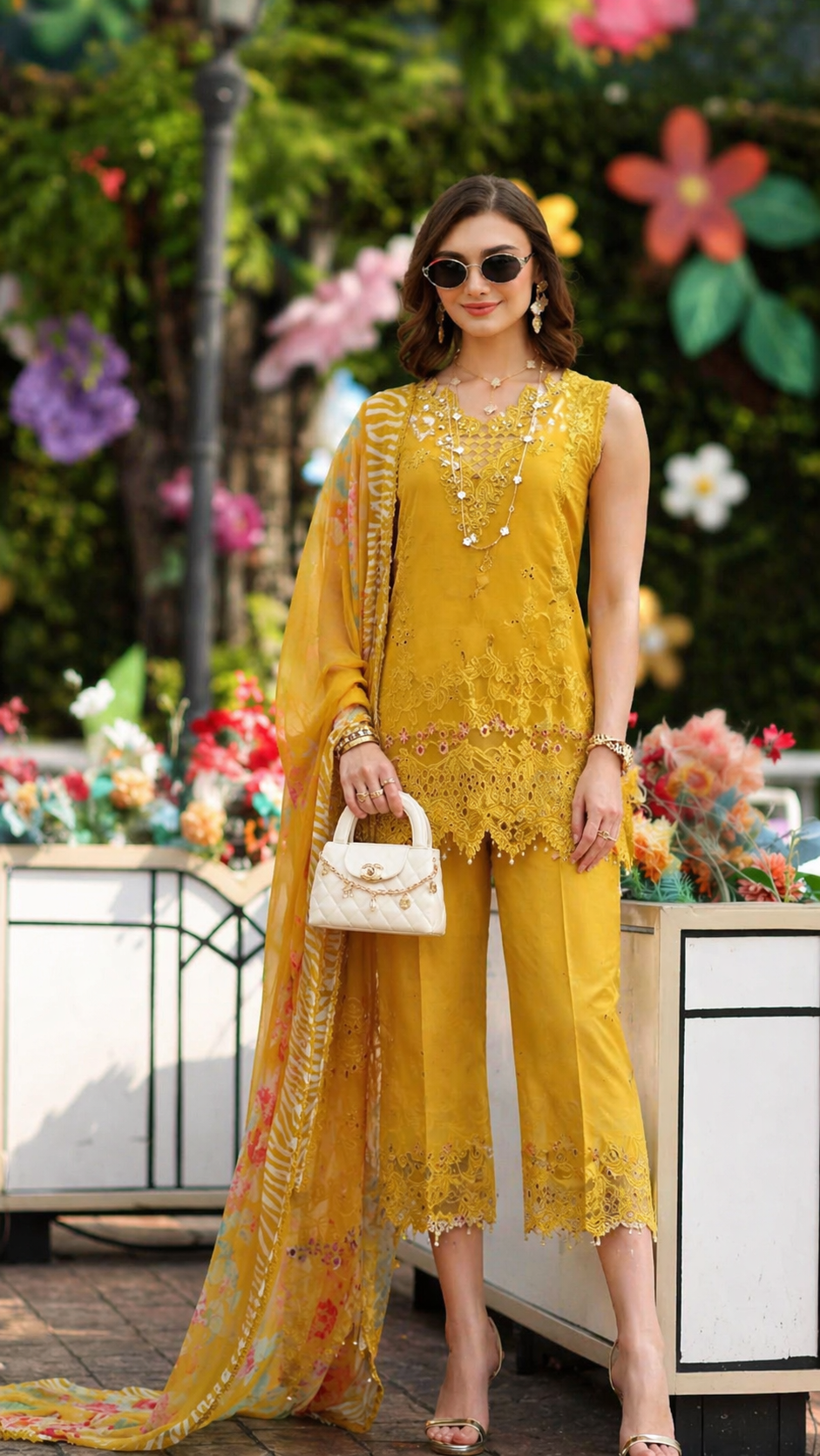 Noor by Saadia Asad | Eid Luxe Chikankari 26 | D10 - Amber Yellow - Luxury Dress - available at Maria Faisal in UK and USA.