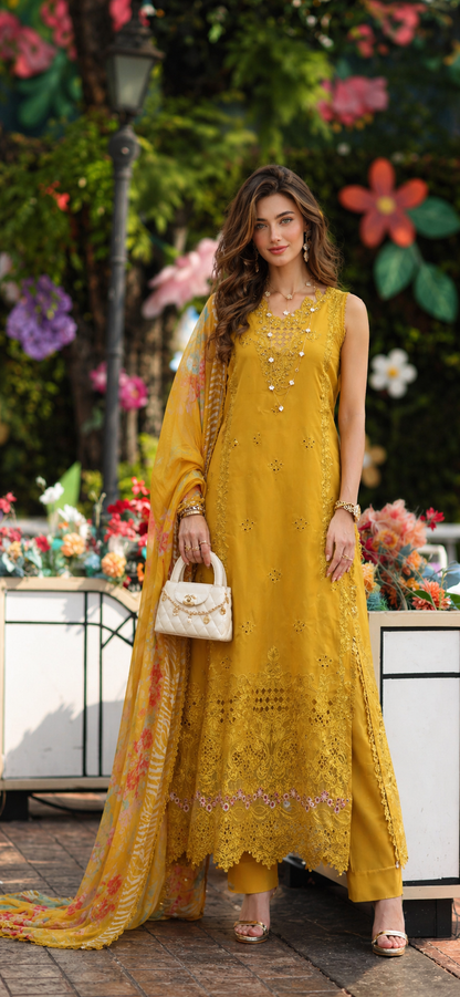Noor by Saadia Asad | Eid Luxe Chikankari 26 | D10 - Amber Yellow - Luxury Dress - available at Maria Faisal in UK and USA.