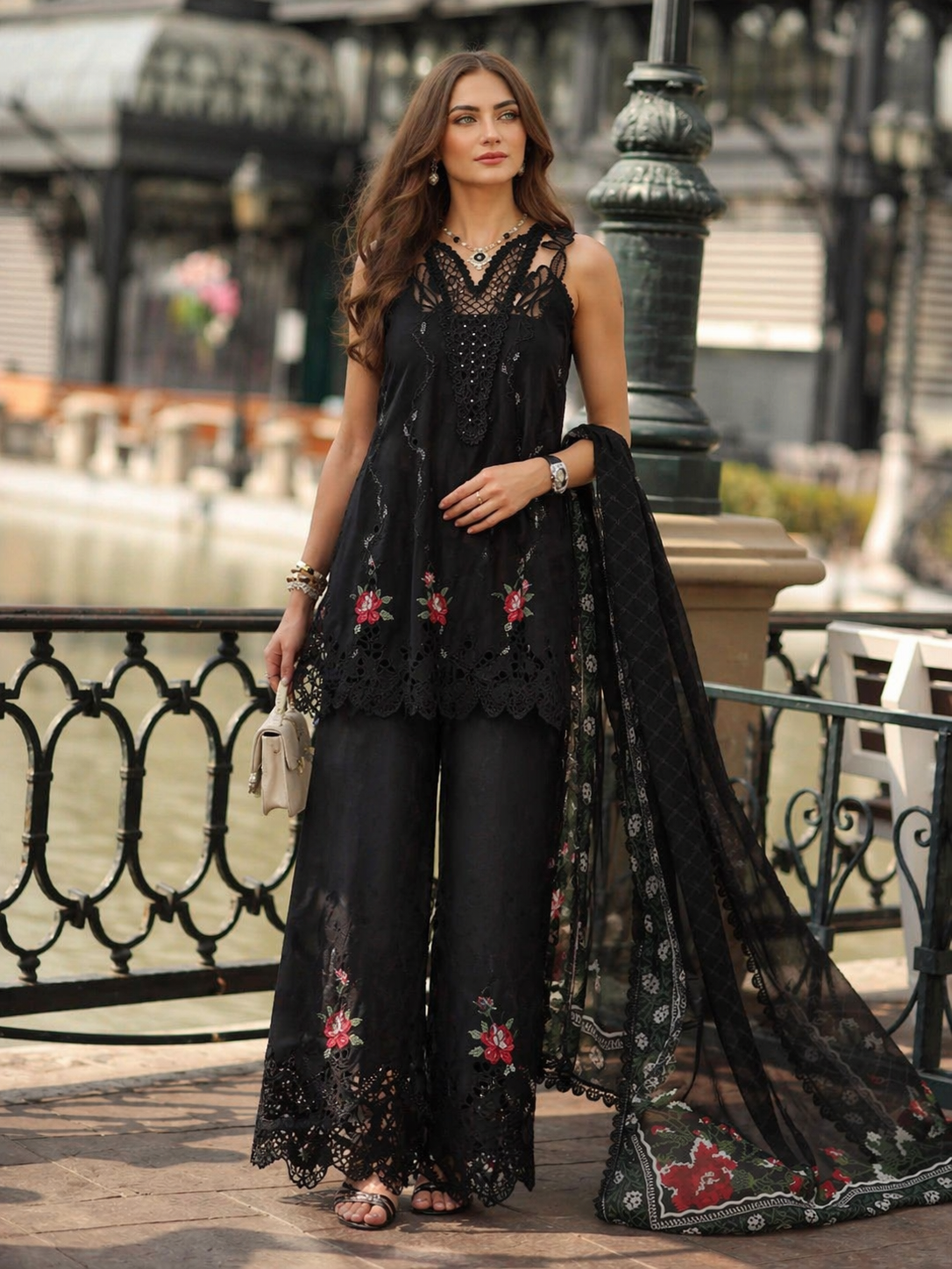 Noor by Saadia Asad | Eid Luxe Chikankari 26 | D5 -Cross stitch Black - Luxury Dress - available at Maria Faisal in UK and USA.
