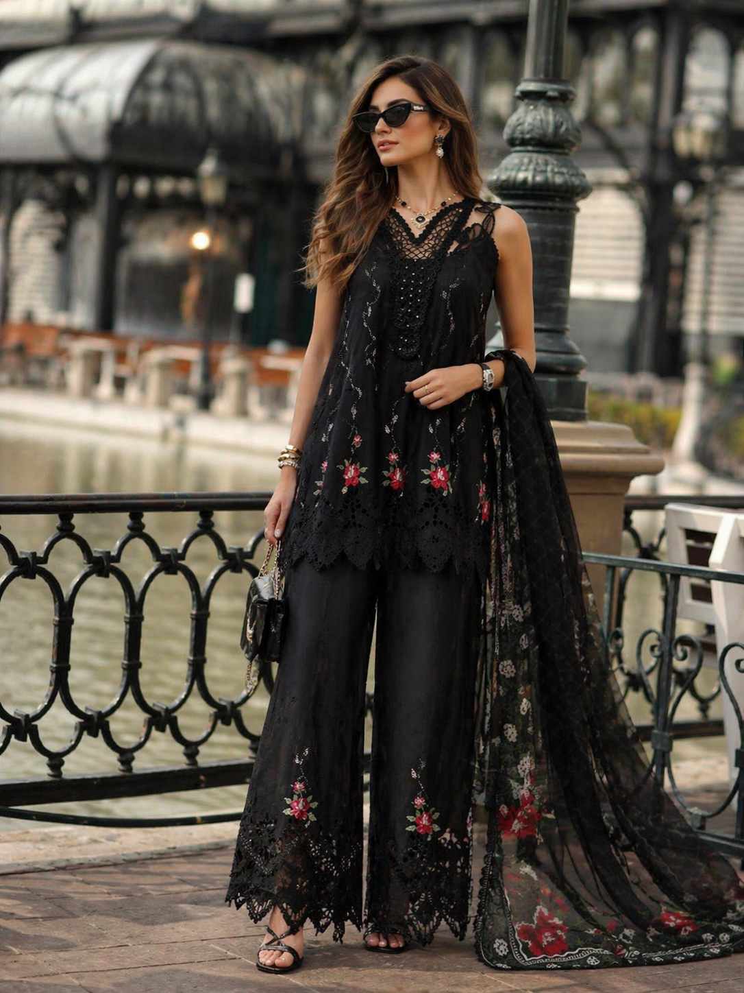 Noor by Saadia Asad | Eid Luxe Chikankari 26 | D5 -Cross stitch Black - Luxury Dress - available at Maria Faisal in UK and USA.