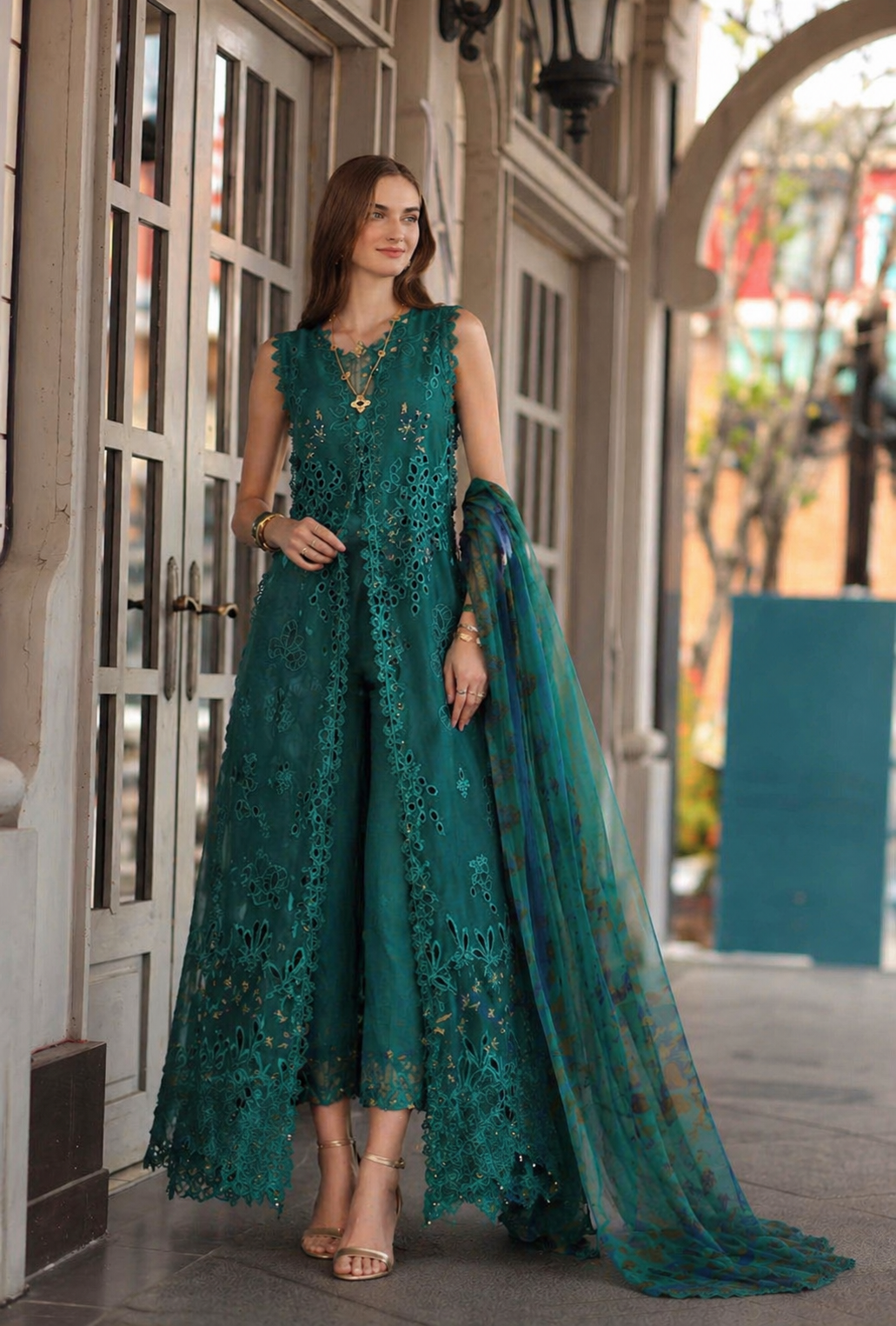 Noor by Saadia Asad | Eid Luxe Chikankari 26 | D1 - Malachite Green - Luxury Dress - available at Maria Faisal in UK and USA.