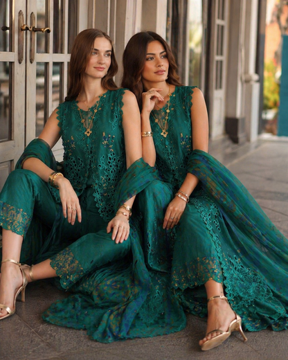 Noor by Saadia Asad | Eid Luxe Chikankari 26 | D1 - Malachite Green - Luxury Dress - available at Maria Faisal in UK and USA.