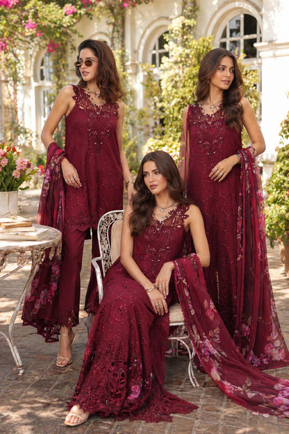 Noor by Saadia Asad | Eid Luxe Chikankari 26 | D3 -Bordeaux - Luxury Dress - available at Maria Faisal in UK and USA.