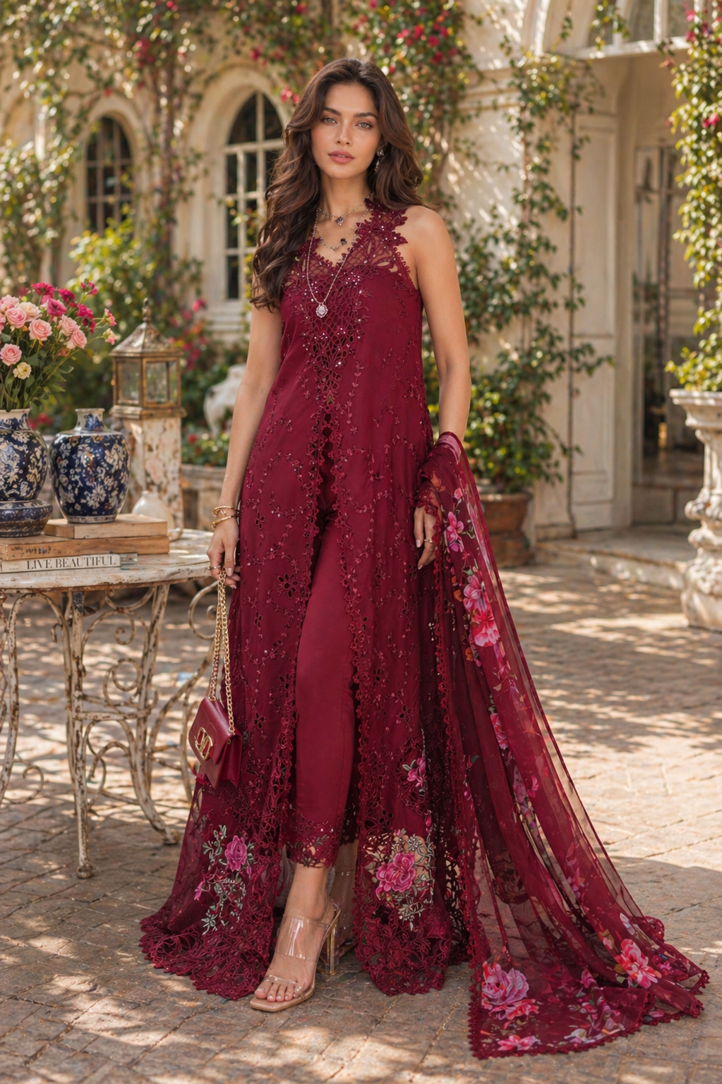 Noor by Saadia Asad | Eid Luxe Chikankari 26 | D3 -Bordeaux - Luxury Dress - available at Maria Faisal in UK and USA.