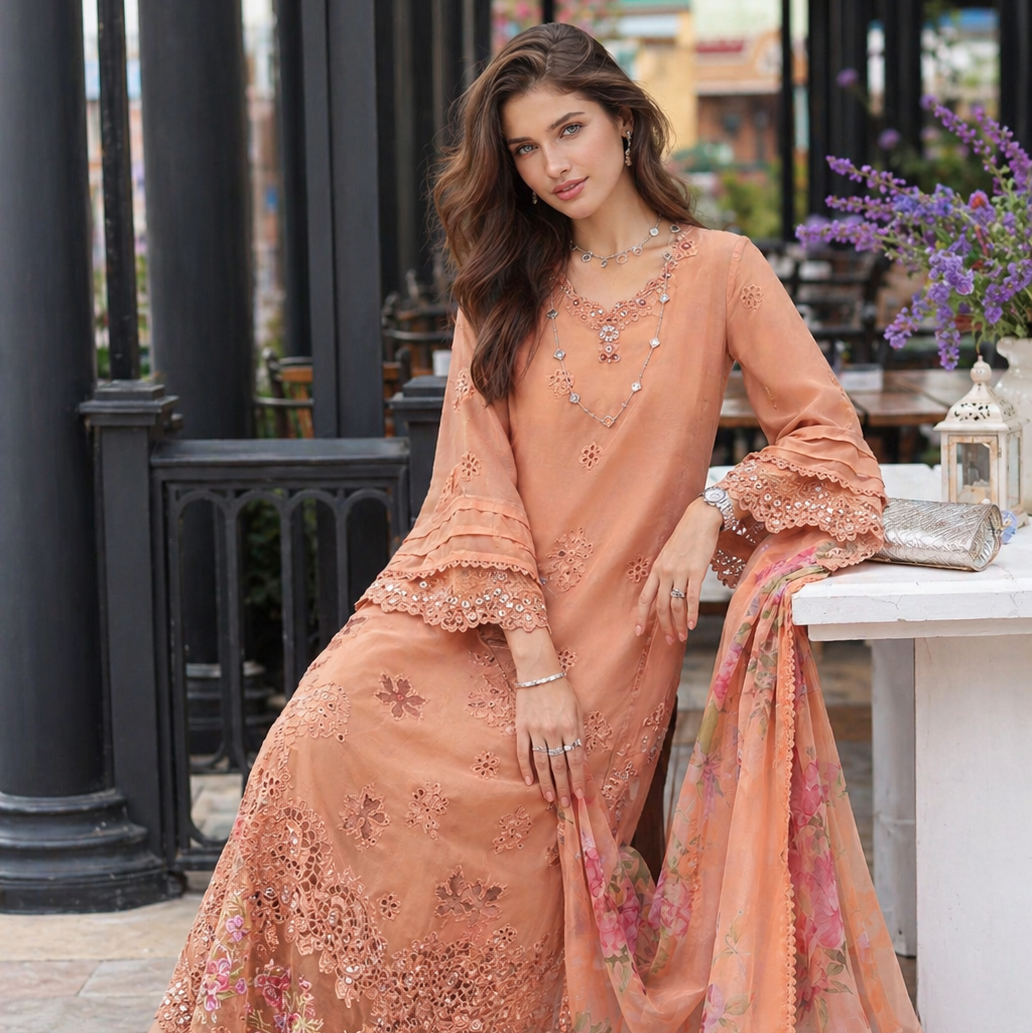 Noor by Saadia Asad | Eid Luxe Chikankari 26 | D6 - Apricot Allure - Luxury Dress - available at Maria Faisal in UK and USA.