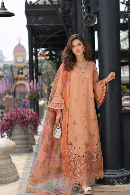 Noor by Saadia Asad | Eid Luxe Chikankari 26 | D6 - Apricot Allure - Luxury Dress - available at Maria Faisal in UK and USA.