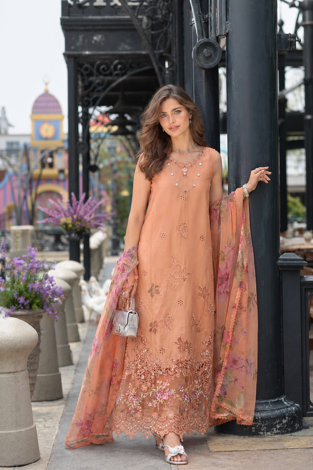 Noor by Saadia Asad | Eid Luxe Chikankari 26 | D6 - Apricot Allure - Luxury Dress - available at Maria Faisal in UK and USA.
