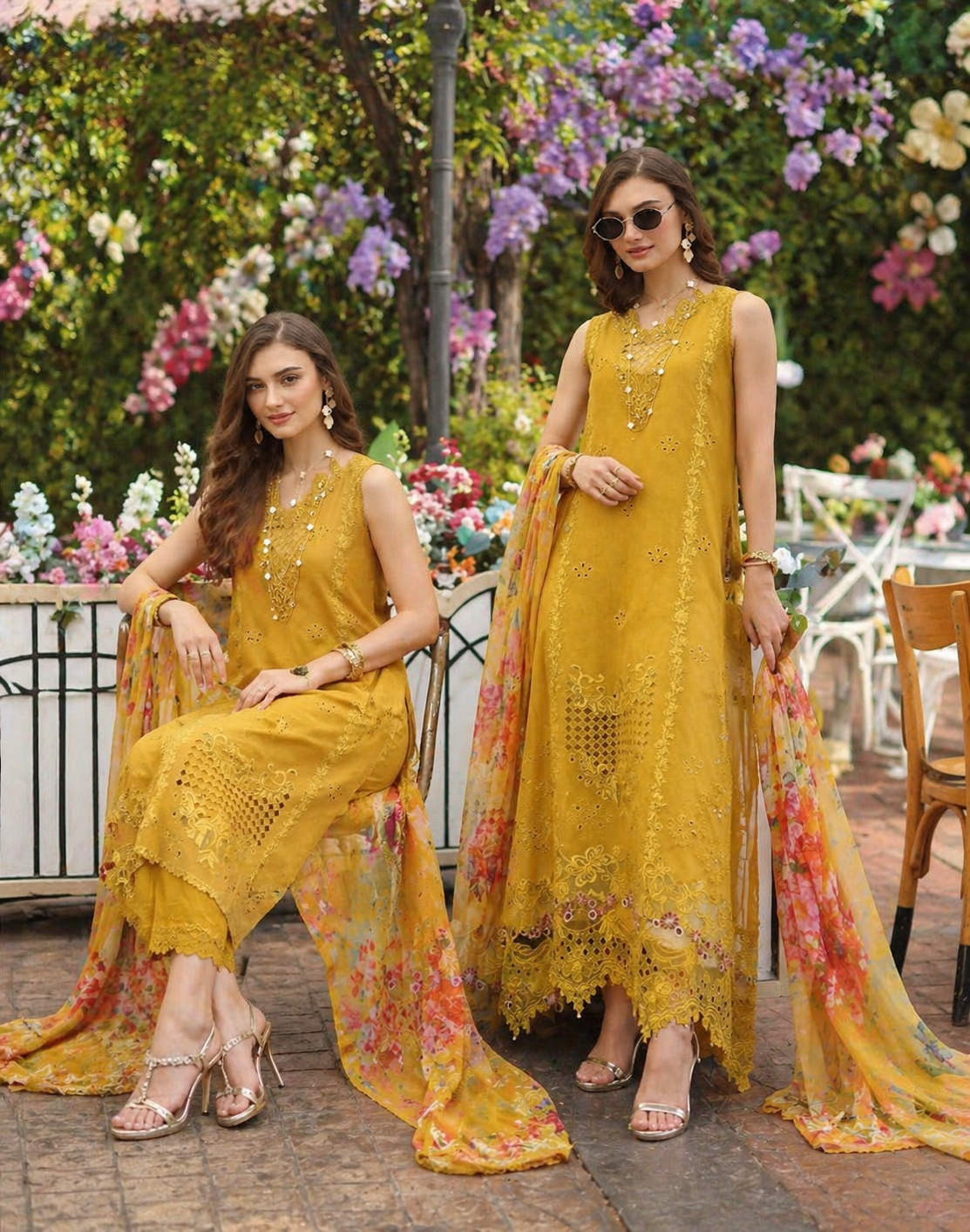 Noor by Saadia Asad | Eid Luxe Chikankari 26 | D10 - Amber Yellow - Luxury Dress - available at Maria Faisal in UK and USA.