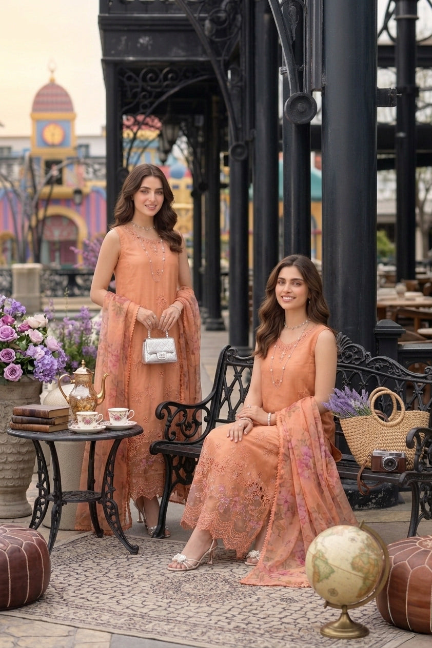 Noor by Saadia Asad | Eid Luxe Chikankari 26 | D6 - Apricot Allure - Luxury Dress - available at Maria Faisal in UK and USA.