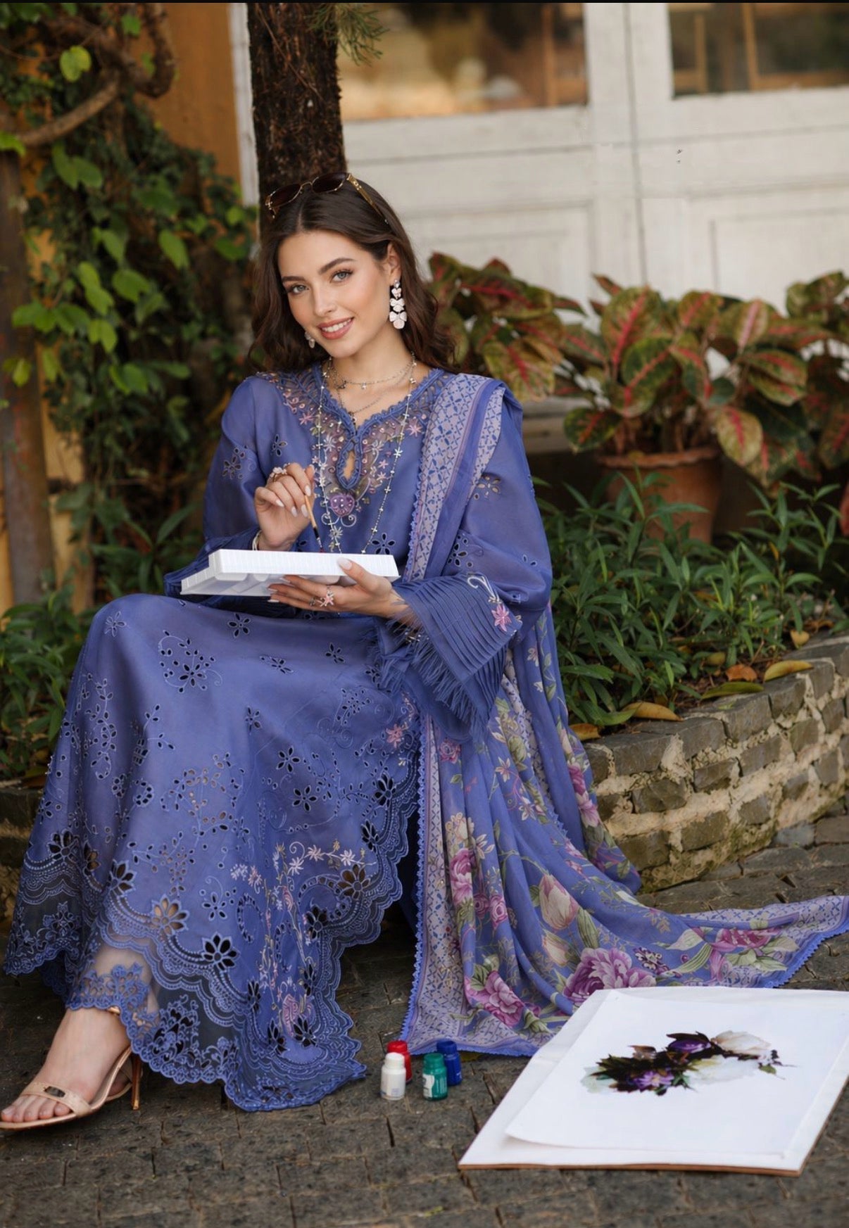 Noor by Saadia Asad | Luxury Eid Schiffli Laserkari 26 | D9 -Tropical indigo - Luxury Dress - available at Maria Faisal in UK and USA.