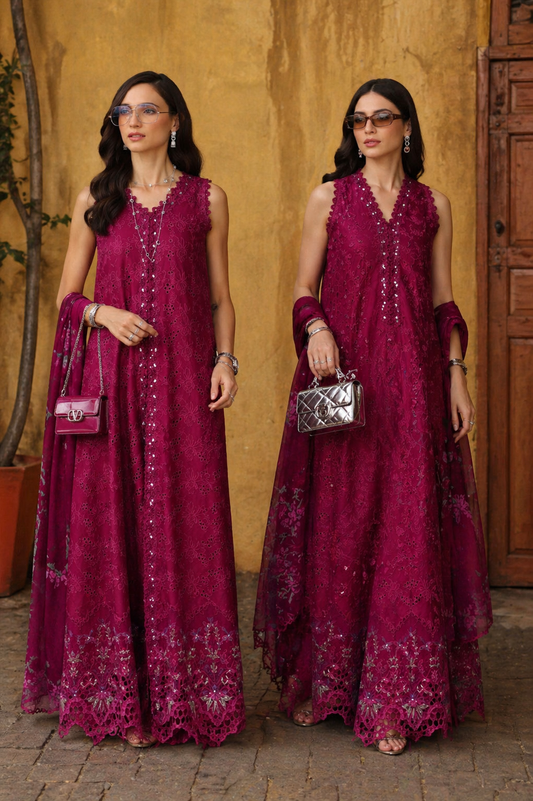 Noor by Saadia Asad | Luxury Eid Schiffli Laserkari 26 | D4 -Fuchia Elegance - Luxury Dress - available at Maria Faisal in UK and USA.