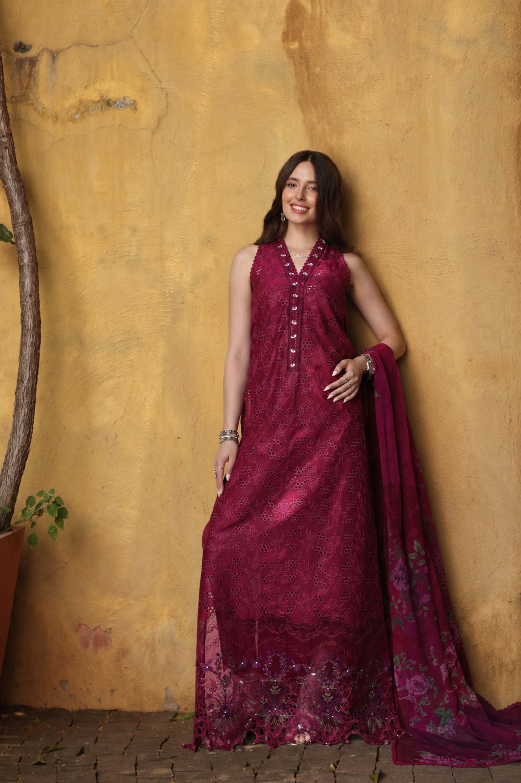 Noor by Saadia Asad | Luxury Eid Schiffli Laserkari 26 | D4 -Fuchia Elegance - Luxury Dress - available at Maria Faisal in UK and USA.