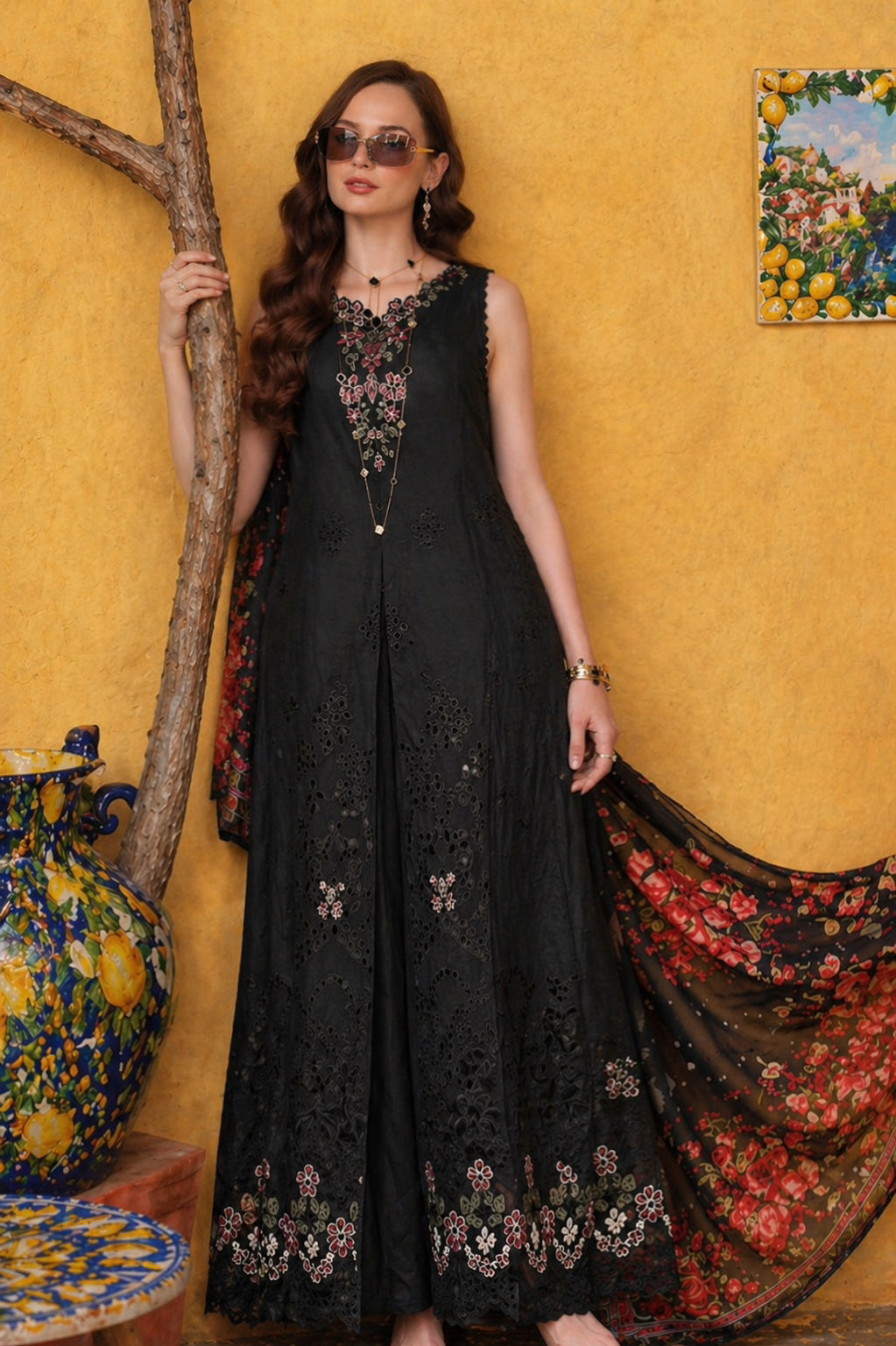 Noor by Saadia Asad | Luxury Eid Schiffli Laserkari 26 | D5 - Raven Black - Luxury Dress - available at Maria Faisal in UK and USA.