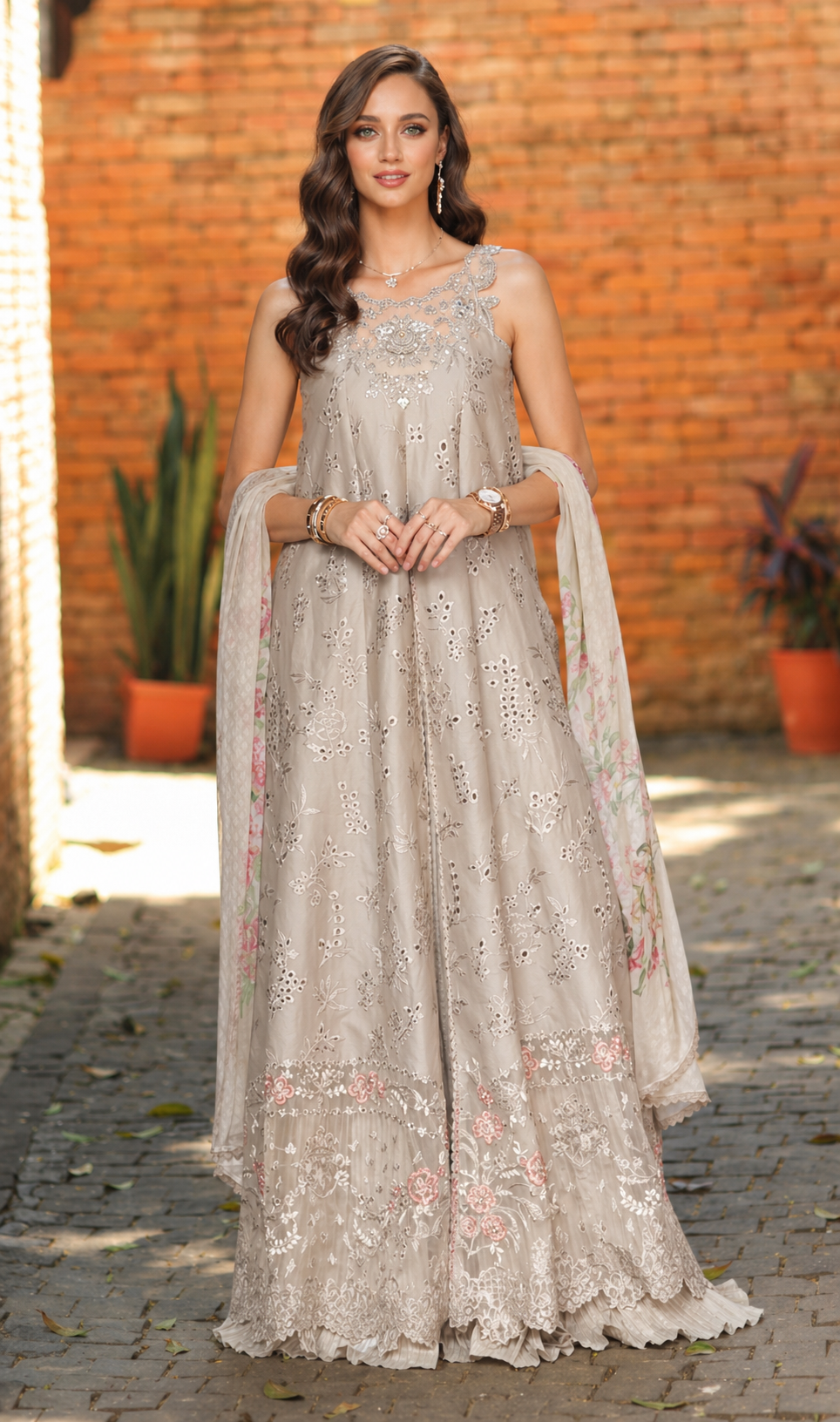Noor by Saadia Asad | Luxury Eid Schiffli Laserkari 26 | D7 -Gris Tourtelle - Luxury Dress - available at Maria Faisal in UK and USA.