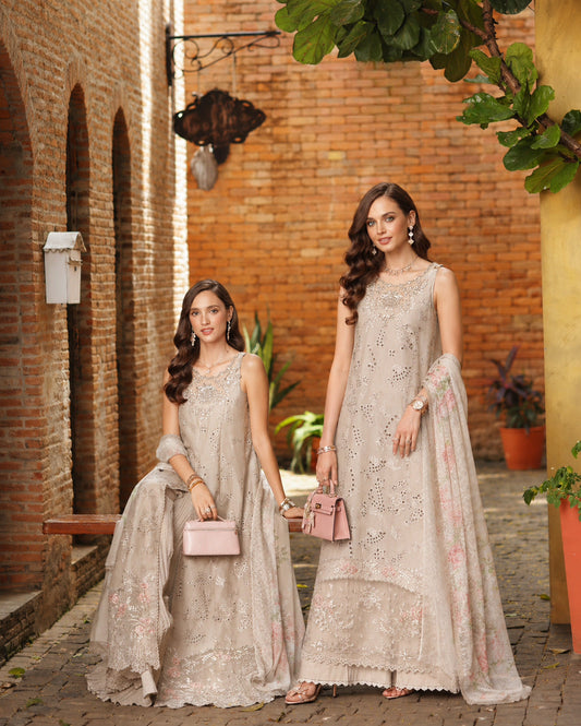 Noor by Saadia Asad | Luxury Eid Schiffli Laserkari 26 | D7 -Gris Tourtelle - Luxury Dress - available at Maria Faisal in UK and USA.