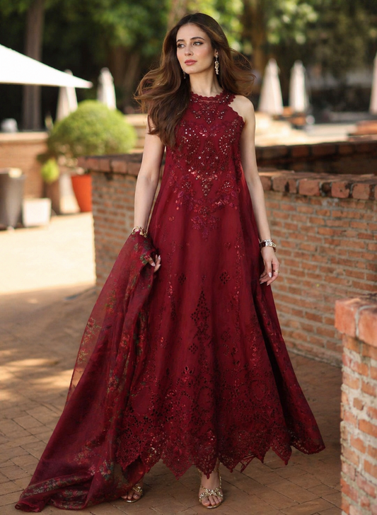 Noor by Saadia Asad | Luxury Eid Schiffli Laserkari 26 | D12 -Amalfi Rouge - Formal Dress - available at Maria Faisal in UK and USA.